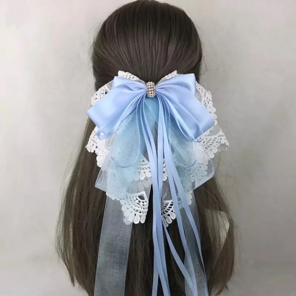 Long Oversized Satin & Lace Bow French Barrette Hair Clip